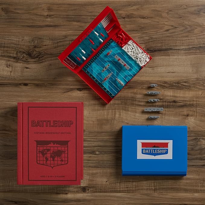 WS Game Company Battleship Vintage Bookshelf Edition Naval War Game Fabric-Wrapped Book Box Folding Battle Cases Vintage Display Board Games for 2 Players Ages 7+