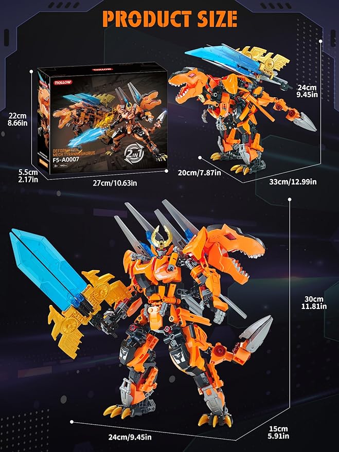 T-Rex 2 in 1 Transforming Sets for Boys Age 8-12Mech Building Block Figure ToyDinosaur Transform Robot Building KitsBirthday for Kids Adult 8-12 Years Old and up(T-Rex)