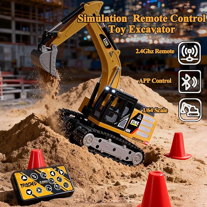RC Excavator 1/64 Scale Metal RC Truck 2.4GHz Construction Vehicle with Sounds &amp Light Dual Speed APP Control Hobby Toy for Adults and Kids