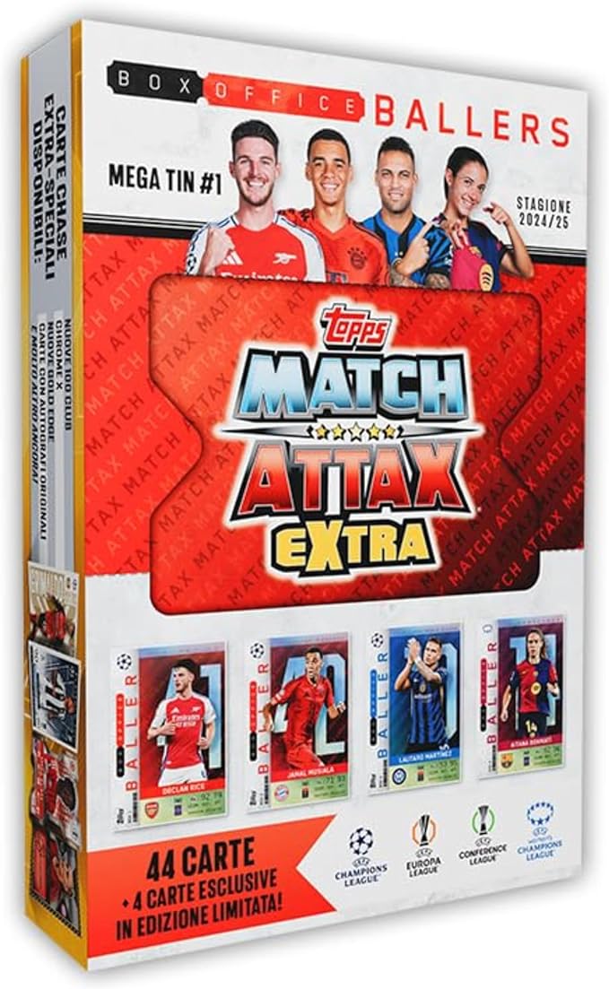 Topps Match Attax Extra 2025 - Mega Tin - 48 Cards Including 4 Exclusive LE Cards. Look Out for relic Cards Inside Lucky tins!