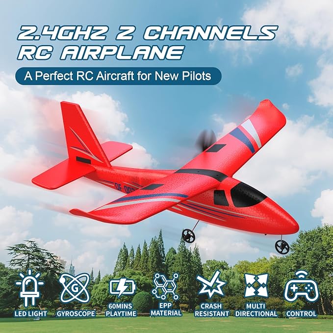 RC Airplane 2.4GHZ Remote Control Airplane 2CH RC Plane Hobby RC Airplanes Toy W/ 3 Batteries &amp Gyro Stabilizer Easy to Fly for Beginners Kids Boys Girls Adults (Red)