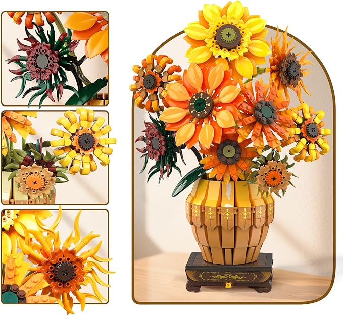 Sunflower Building Set with Lights Vase Base Flowers Botanical Collection Building Block Valentine's Day 1180PCS Art Bouquet Bonsai Plant Building Kit Gift for Adults Teens Girls Boys 12+