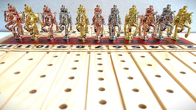 Racing Game for Adults With 11 Luxurious Metal Horses (Silver Black Rose Gold) 16 Pine Wood Race Game Board Dice &amp Card Included (Log Color)