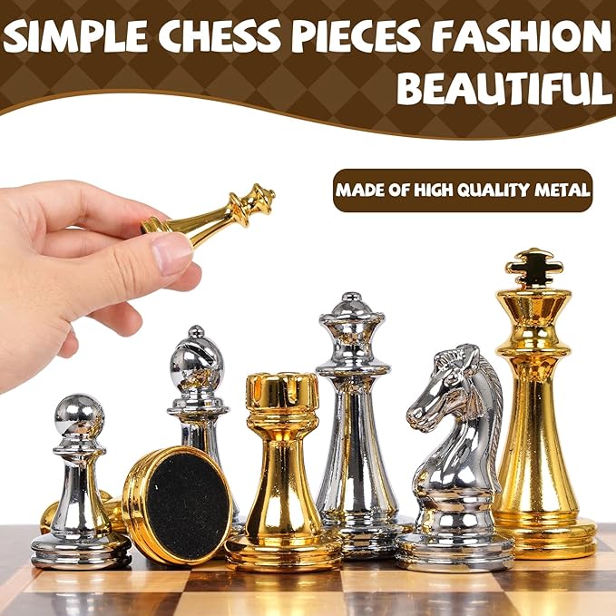 12-Inch Metal Chess Set with Wooden Board for Kids and Adults Gold &amp Silver Chess Pieces with Extra Queens Portable Small Chess Board for Travel Family Game Night Beginners &amp Professional