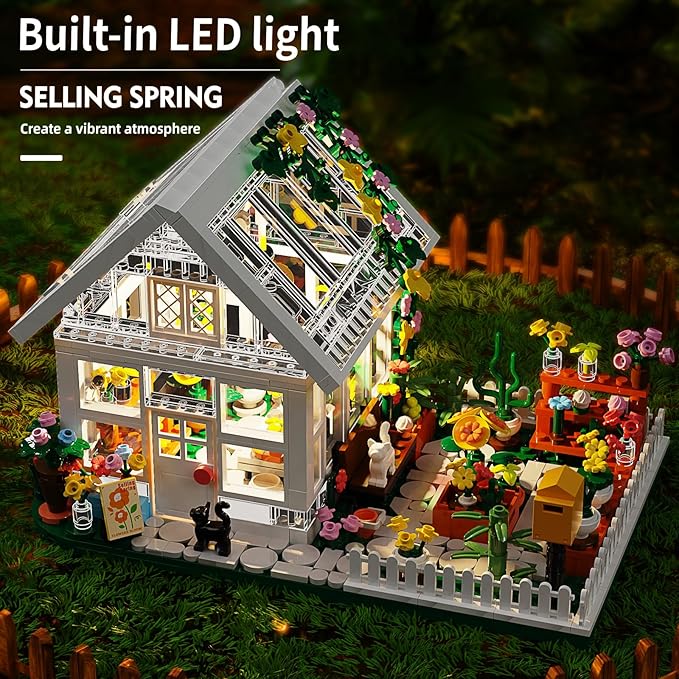 Flower House Building Mini Set with LED City Street View Greenhouse Building Blocks Toy Valentine Xmas Gift for Friends or Girls 8-12 Year