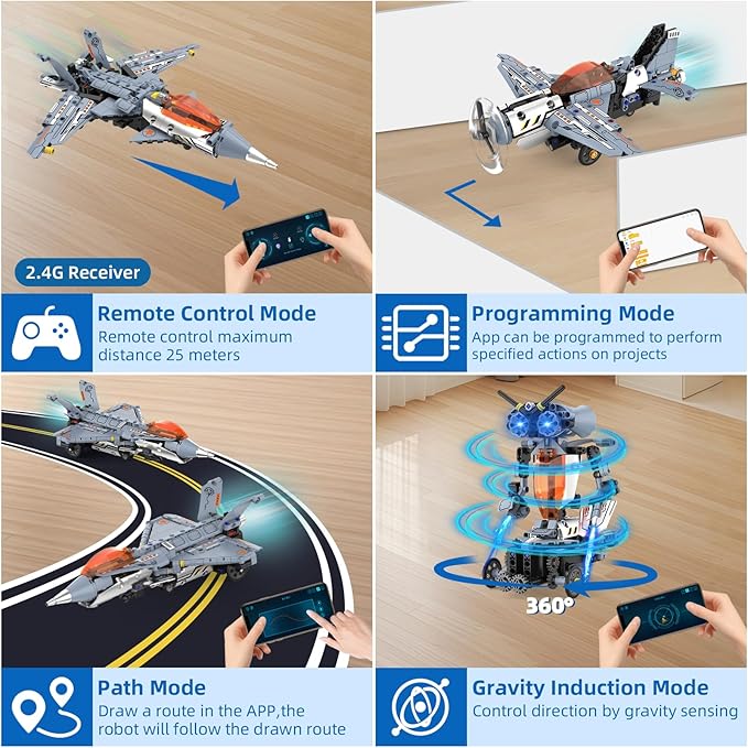 5 in 1 STEM RC Robot Building Kit Fighter Jet Airplane Building Set with APP &amp 2.4GHz Remote Control Technic Transformable Fighter Plane Toys for Kids Boys Age 6 7 8 9 10 11 12+ Birthday Gifts