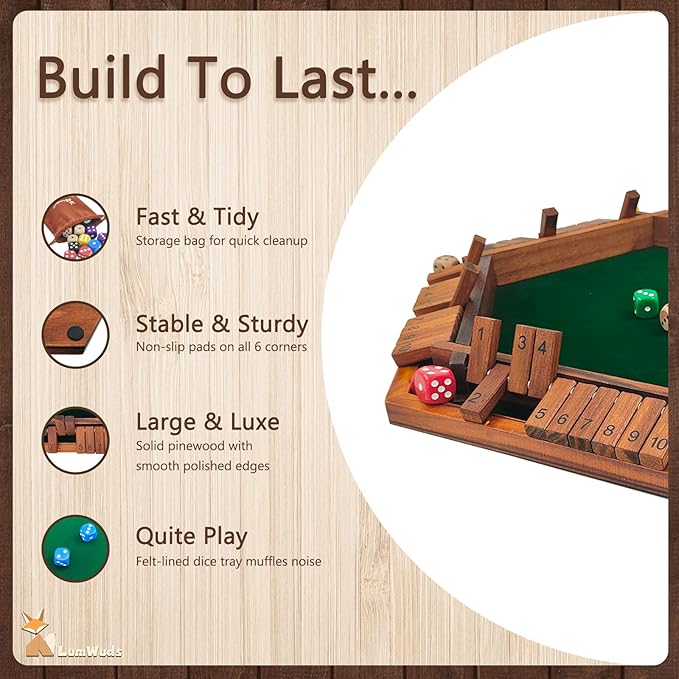 Shut The Box Game Wooden Board Game for 1-6 Players with 16 Dice Dice Game for Adults &amp Kids at Home Classroom or Parties