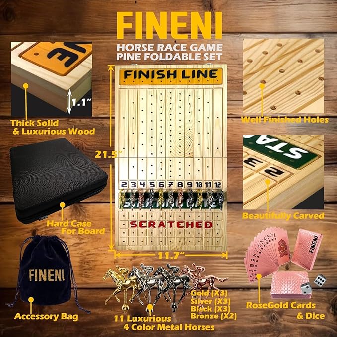 Horse Racing Game for Adults Foldable Horse Race Board Game with 11 Luxurious Metal Horses (Gold Silver Black RoseGold) 22” Pine Wood Horse Race Game Board Dice &amp RoseGoldCard (Log Color)