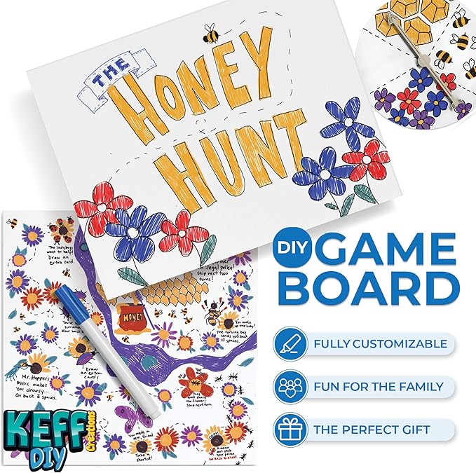 KEFF Make Your Own Board Game Set - DIY Blank Game Board Kit with Game Pieces Blank Cards Dice Spinner Pawns &amp More - Fun Family Board Games for Kids &amp Adults