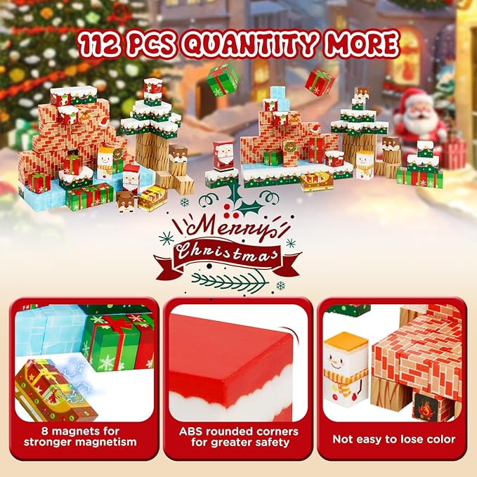 Magnetic Blocks-Build a Fantasy World Christmas Edition Magnetic Tiles112Pcs-Magnetic Building Blocks Educational Toys Kids Ages 3 4 5 6 7 8 STME Montessori Sensory Toys (112P)
