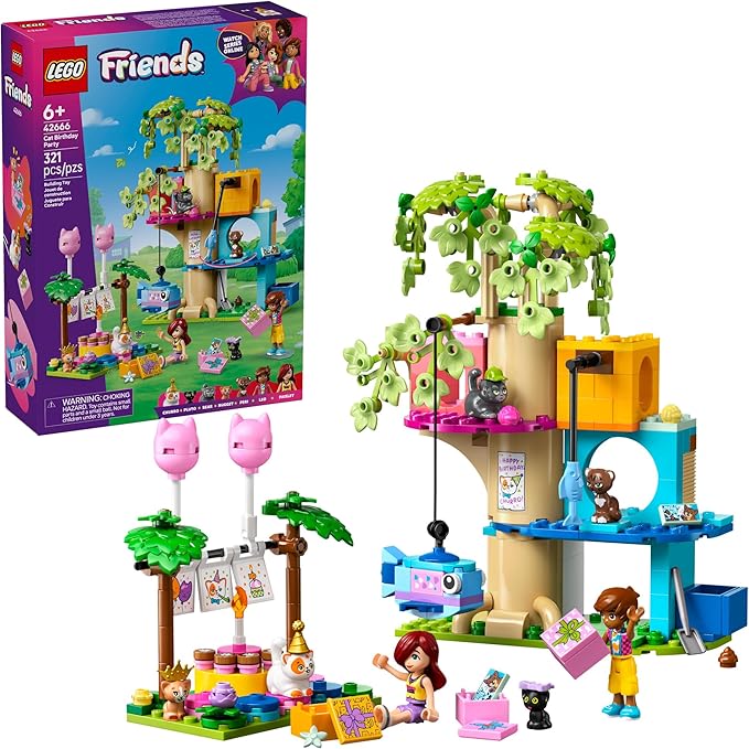 LEGO Friends Cat Birthday Party &amp Tree House Building Toy - Pretend Play Building Blocks W/Cat Toys &amp 2 Minidolls - Creative Storytelling Kids Toy for Girls and Boys 9+ - Birthday Gift Idea-
