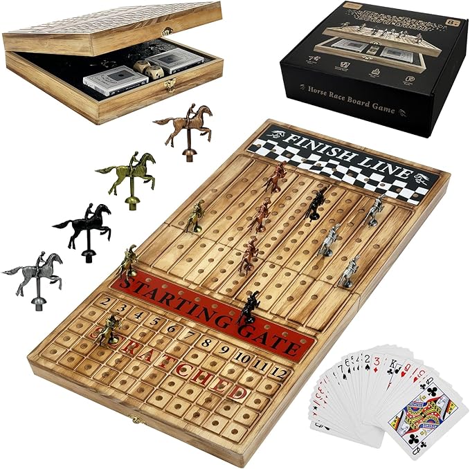 Large 23 inches Horse Racing Board Game with 11 Luxury Metal Horses Foldable Wood Horse Race Board Game with 2 Sets of Dice 2 Boxes of Cards for Parties and Gambling