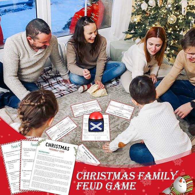 Syhood Christmas Friendly Feud Card Game with 2 Answer Buzzers Fun Xmas Family Trivia Quiz Party Game Night Activities for Adults Office Large Group and Team Building