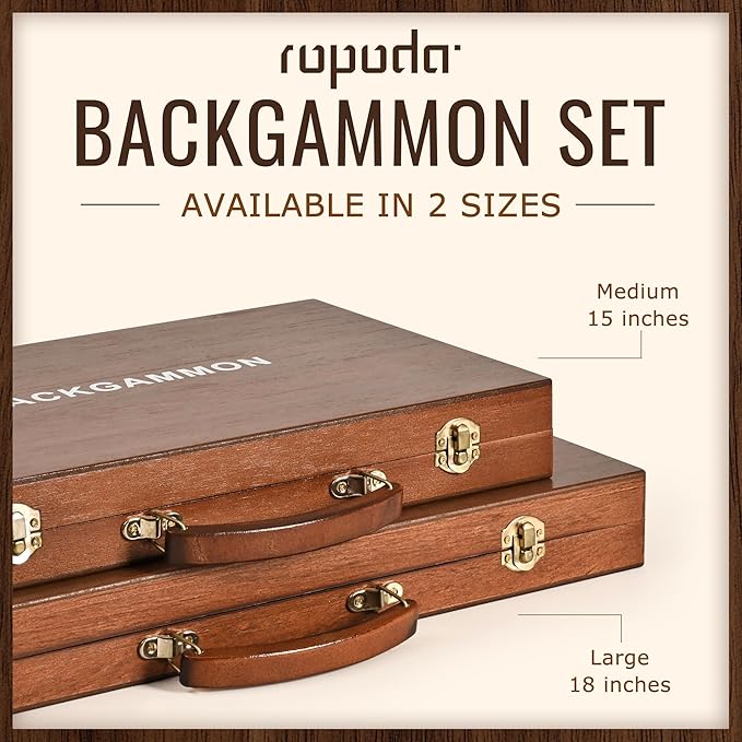 ropoda Sapele Wood Backgammon Board Game Set (15 Inches) for Adults and Kids - Classic Board Strategy Game - Portable and Travel Backgammon Set with Wooden Playing Pieces and Accessories