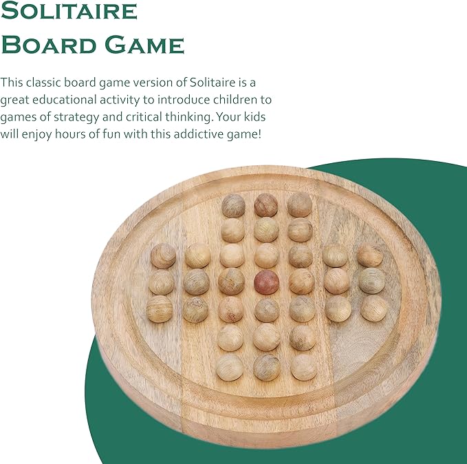 Ajuny Wooden Solitaire Board Game 10.8 Inch – Handmade Peg Solitaire Strategy Puzzle Classic Single Player Marble Chess Brain Teaser Mind Game for Kids &amp Adults Decorative Tabletop Games