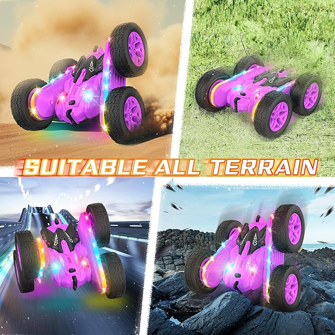 Remote Control Car Rc Cars Stunt RC Car Toys New Upgraded Strip Lights and Headlights Girl Toys Double-Sided 360° Rotating 4WD Drift Truck for Boys Girls Birthday Gift (Purple)