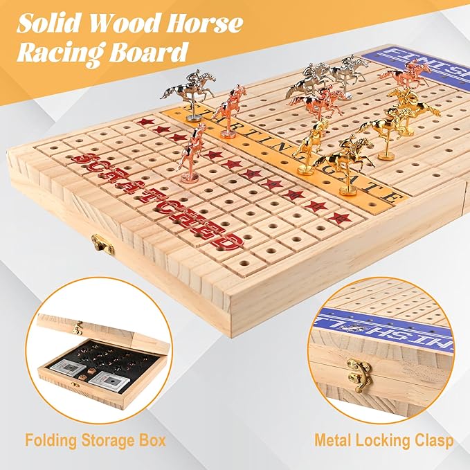 Horse Racing Board Game Foldable Wood Horse Race Game with 11 Metal Horses 2 Dice 2 Decks of Cards and 120Pcs Chips for Friends Adults Family Party Game Night