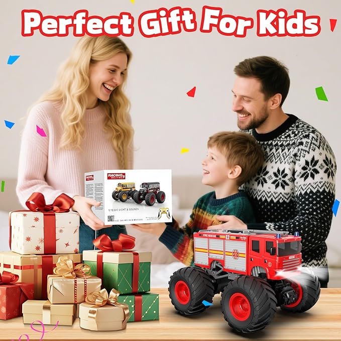 1/18 Remote Control Fire Truck Toy for Kids 2.4GHz RC Monster Truck Toy with LED Lights &amp Sound Rechargeable Electric Vehicle Gift for Boys Girls