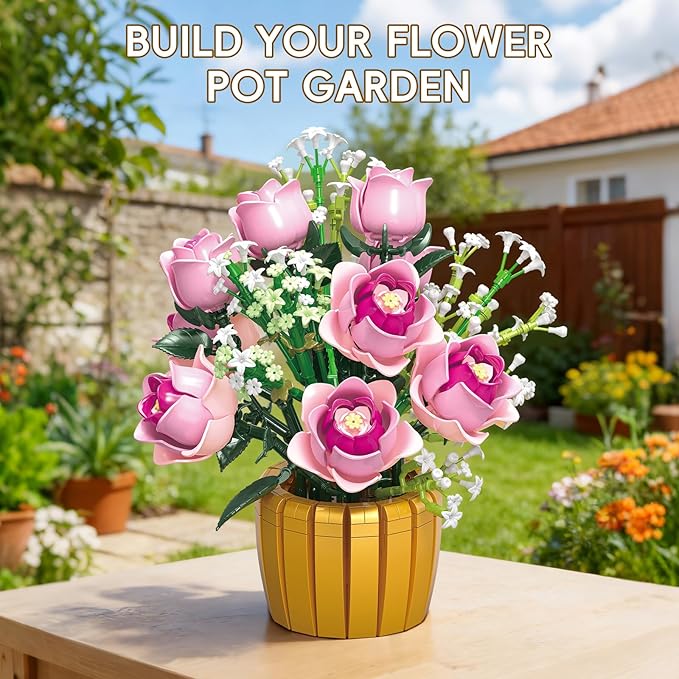 Pink Rose Flower Building Set Botanical Flower Bouquet Building Blocks with Pot DIY Artificial Flowers Decor for Home Office Room Gift for Teens Adults 1059 PCS