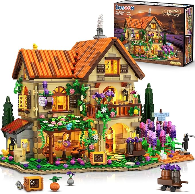 Lavender Manor House Building Set with Lights 1960 PCS Lavender Estate Construction Model Home Decor Romantic Lavender Flowers Cottage Building Block Kit Gift for Adults Teens Boys Girls 12+