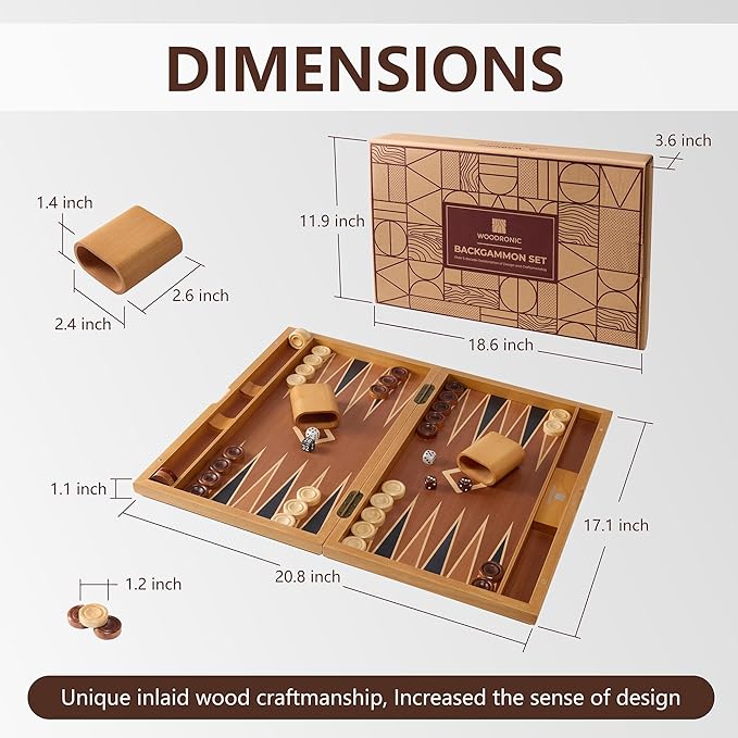 Wood Backgammon Set for Adults – 17 Inch Classic Strategy Board Game Case - Premium Folding Backgammon Set with Wooden Playing Pieces Dices - Portable Wood Inlaid Travel Backgammon Game Set