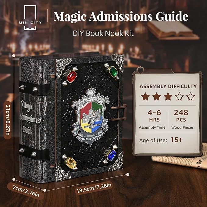 Book Nook Kit with LED Light Miniature House Kit for Birthday 3D Wooden Bookends Puzzle Bookshelf Decor for Adults Teens Beginners (Magic Admissions Guide)