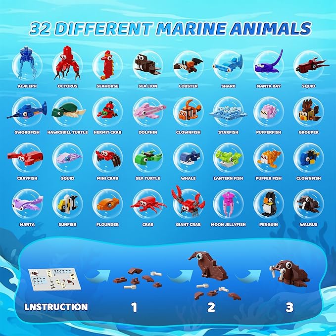 32 Pack Marine Animals Building Blocks - 846PCS Kids Party Favors Educational Toy Goodie Bag Stuffers Classroom Prizes Valentines Easter Birthday Gifts for Boys Girls 6-12