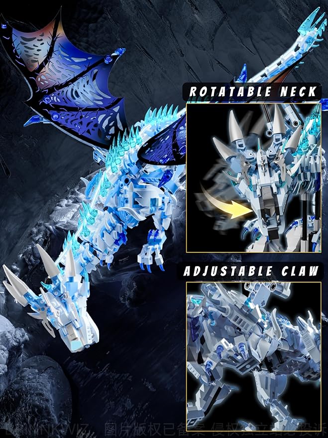 Mechanical Ice Dragon Building Set 1646 Pieces Large Fantasy Model Kit with Articulated Flapping Wings Blue Mythical Creature Decor for TV Series Fans Compatible with Major Brands