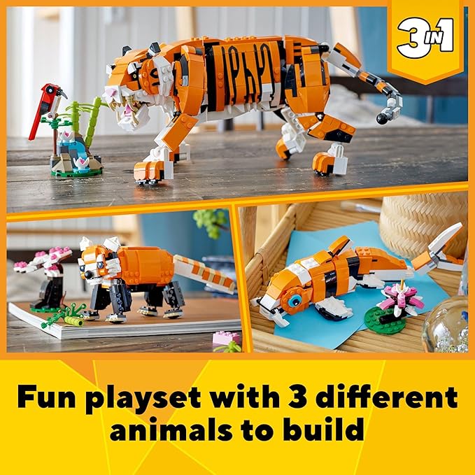 LEGO Creator 3 in 1 Majestic Tiger - Building Toy for Boys &amp Girls Ages 9+ - Gift for Easter Baskets - Kids Bedroom and Desk Decor - Build Tiger Panda or Koi Fish - 31129