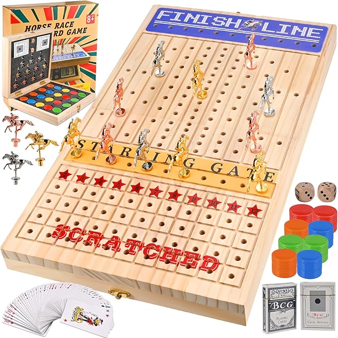 Horse Racing Board Game Foldable Wood Horse Race Game with 11 Metal Horses 2 Dice 2 Decks of Cards and 120Pcs Chips for Friends Adults Family Party Game Night