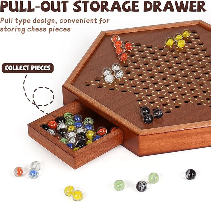 15-Inch Wooden Chinese Checkers Board Game Set – Classic Strategy Game with 72 Glass Marbles Dual-Sided Storage Drawer Family Board Games for Adults Educational Travel and Indoor Game