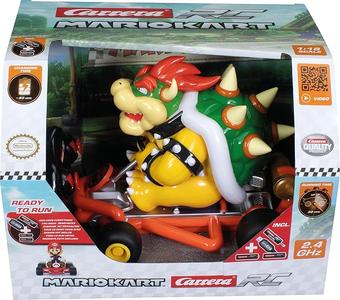 Carrera 200981P RC Official Licensed Mario Kart Pipe Kart Bowser 1:18 Scale 2.4 Ghz Remote Radio Control Car with Rechargeable LiFePO4 Battery - Kids Toys Boys/Girls
