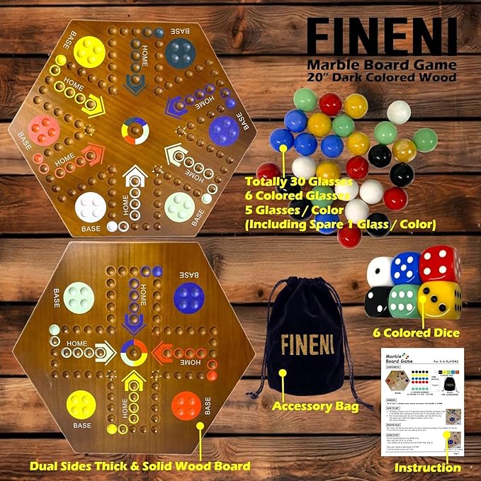 Wooden Board Games Marble Board Game Original with Dual Sides Fast Track Board Game for 2 to 6 Players Double Side Marble Game 6 Colors 30 Marbles Set and 6 Color 6 DicePouch (20 Dark)