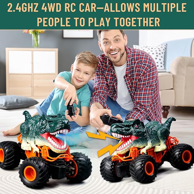 Dinosaur Monster Truck Toys - Remote Control Dinosaur Car 2.4Ghz RC Truck with Lights Music &amp Spray - Electric Hobby RC Cars for Toddlers - Birthday Gift for Kids Boys Girls Ages 3-8 (Green)