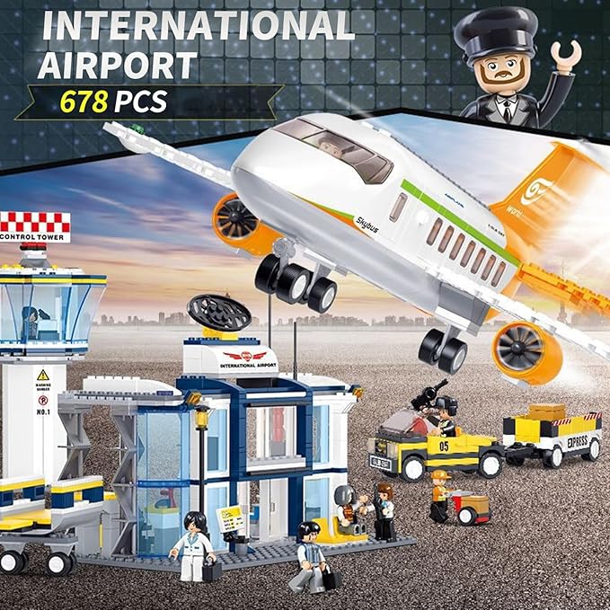 Airplane Building Set City Airport Passenger Plane Toy Compatible with Lego Plane with an Airplane Control Tower Terminal Baggage Cart 8 Minifigures