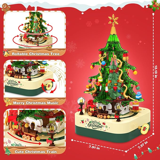 Shemira 594 PCS Christmas Tree Building Block Toy Set Rotating Christmas Music Box Toy Building Sets for Kids Boys Girls Teens Christmas Toys Decoration for Kids Adult Green