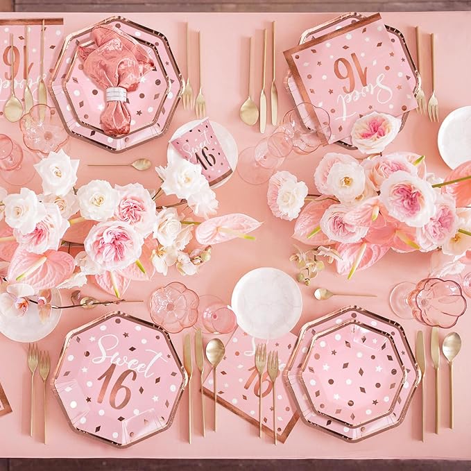 Rose Gold &amp Pink Sweet 16 Birthday Bundle: Party Supplies Set with paper Plates Napkins Cups Tablecloth &amp Banner - Sweet Sixteen Decorations Party Favors Serves 25