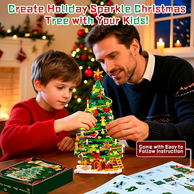 Christmas Tree Building Block Set with Light Kit Building Toy Compatible with Christmas Sets Xmas Tree Holiday Decoration for Kids Ages 8-14 Stocking Stuffer Gift for Boy Girl Adults (661PCS)