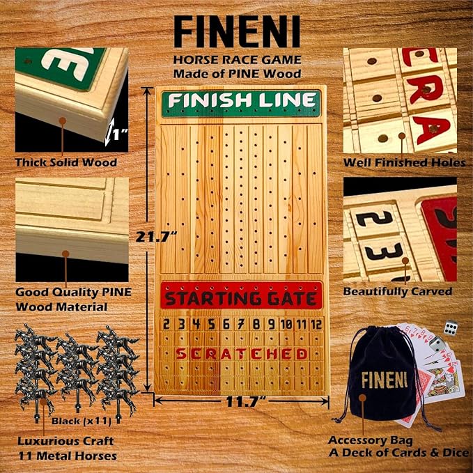 Horse Racing Board Game with Luxurious Durable Metal Horses 11 Pieces Black Real Pine Wood Horseracing Game Board Dice and Cards