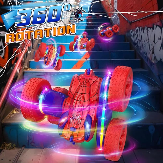 Spider RC Cars Toys for Boys 4-6 2.4GHz Remote Control Car with 26 LED Light System 360° Flips Changeable Wheels Rechargeable All-Terrain Truck Gift for Kids Ages 4-8