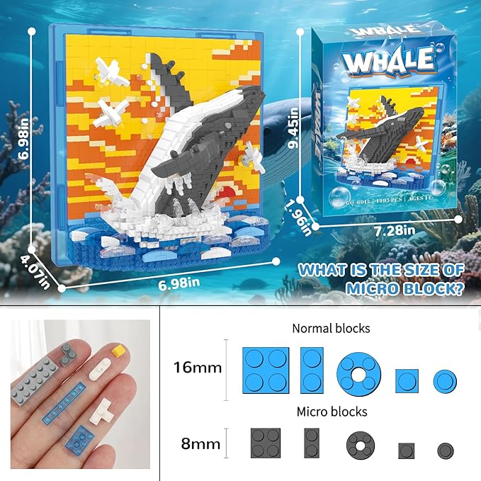 Whale Animal 3D Wall Art Micro Mini Building Blocks Set Unique Home Wall Decor or Table Display Ideal Gift Toy for Adults &amp Boys Girls 14+ (1495 PCS)