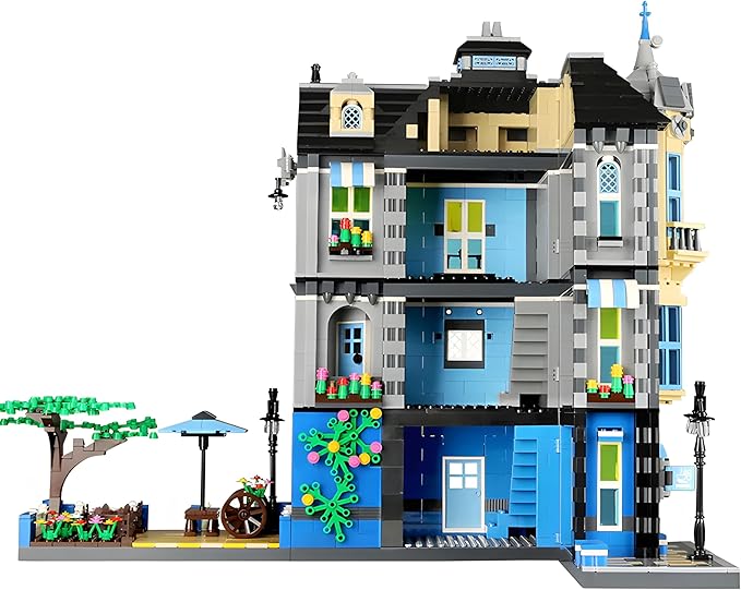 General Jim's 3-Story Victorian Townhouse &amp Garden Coffee Shop 2313-Piece Blue &amp Yellow Modular Building Blocks Set - MOC City Buildings - Great Gift for Brick Building Enthusiasts