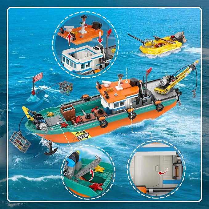 City Fishing Boat Wharf Building Set - Floatable Sea Fishing Ship Building Block Kit with Speedboat Crane Containers Exploration Boats Toy Birthday Gift for Kids Boys Girls 6 7 8 9 10+ 762PCS