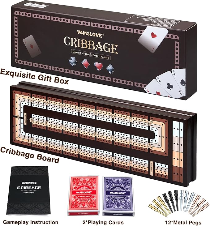 VAMSLOVE Upgraded Wooden 4-Track Cribbage Board Game Magnetic Scoreboard with Large Slots for Storing 2 Playing Cards and 12 Metal Pegs Travel Family Game Night (Instruction Included)