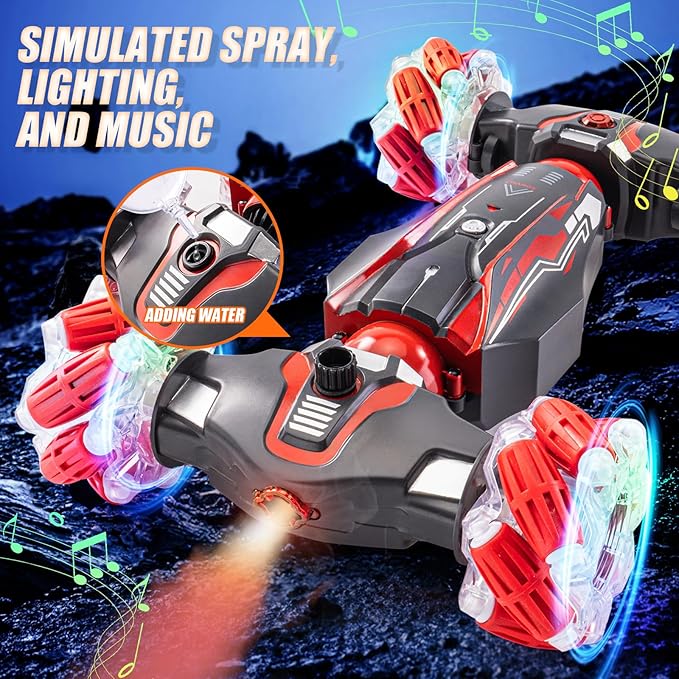 4WD Stunt Car 2.4 GHz Gesture Sensor RC Cars Double-Sided Vehicle 360° Flip RC Twist Buggy with Music Spray - Best Christmas and Birthday Present for Boys and Girls Aged 6-12 (Red)