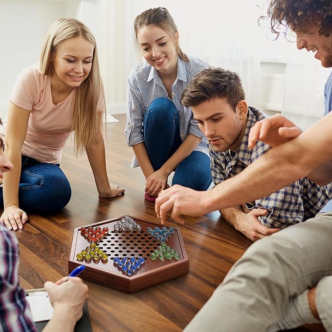 14.2 Wooden Chinese Checkers Board Game with Storage Drawer | 6-Player Marble Strategy Game | Classic Family Board Game for Kids &amp Adults | 16mm 60+12 Colorful Glass Marbles More Easy Grasping