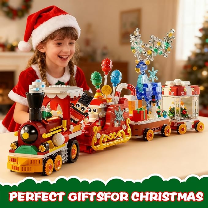 Christmas Train Building Block Set-1461PCS Surprise Christmas Countdown Toys with LED Light Collectible Holiday Block Sets Thanksgiving Xmas Gifts Home Decor for Boys Girls and Adults