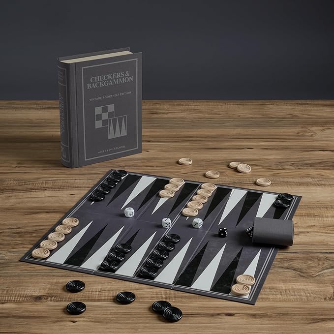 Checkers and Backgammon Vintage Bookshelf Edition by WS Game Company Linen Wrapped Book Box &amp Slipcase - Reversible Board Wooden Pieces - Checkers and Backgammon Sets for Adults &amp Kids Ages