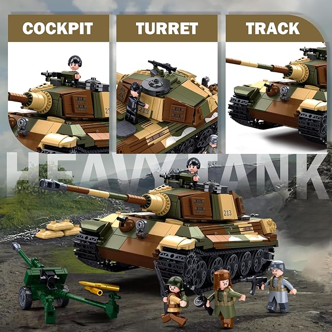 Sluban WW2 Tiger II Army Tank Building Kit Set Military Model Toys with 4 Soldier Figures Gifts for 6-12 Years Kids Old Army Toys Compatible with Lego Tank 930 PCS