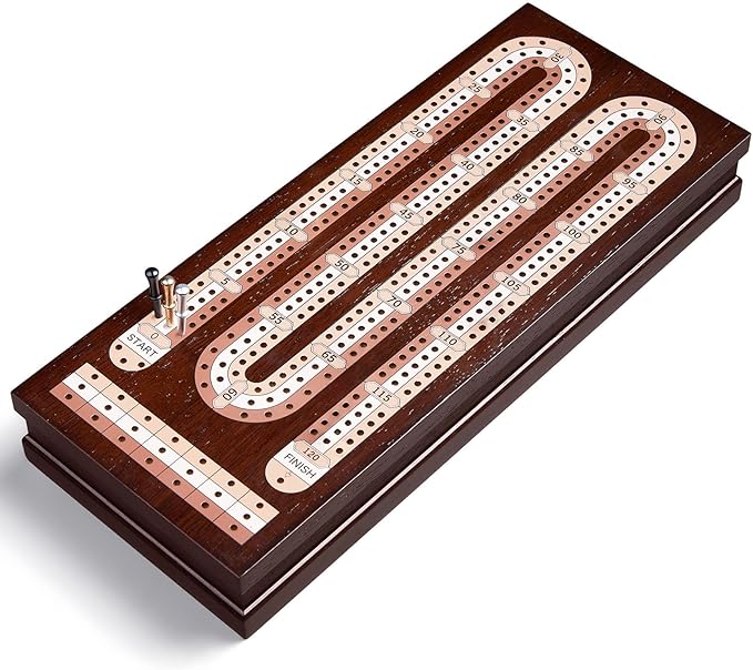 AMEROUS Wooden Cribbage Board Game Set with Magnetic Lock / 9 Metal Pegs / 2 Decks of Playing Cards/Larger Storage Area/Instruction Classic Tabletop Game for Family (3 Track Board)